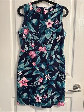 Old Navy Navy Floral Sheath Dress with Pink & Teal Leaves